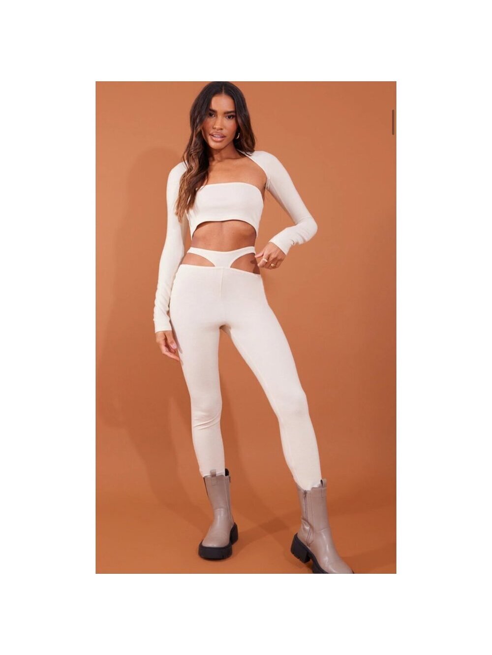 pretty little thing beige cutout pant set with matching long sleeve top